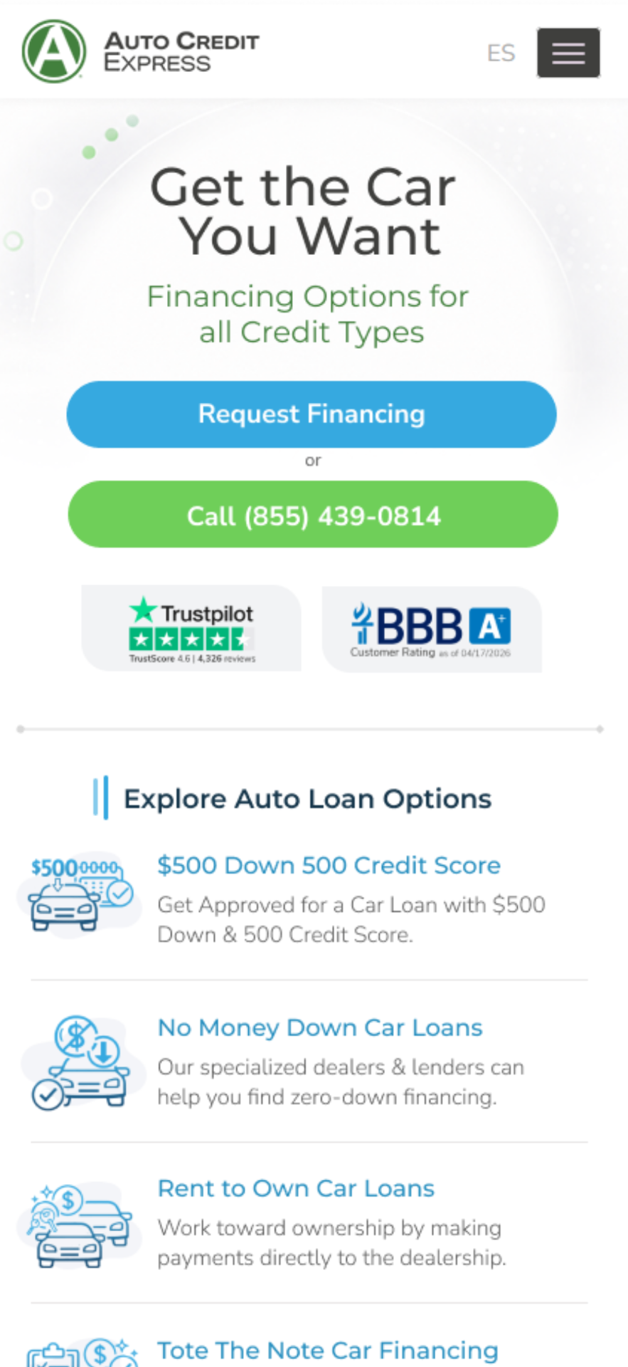 Auto Credit Express homepage redesign — mobile view